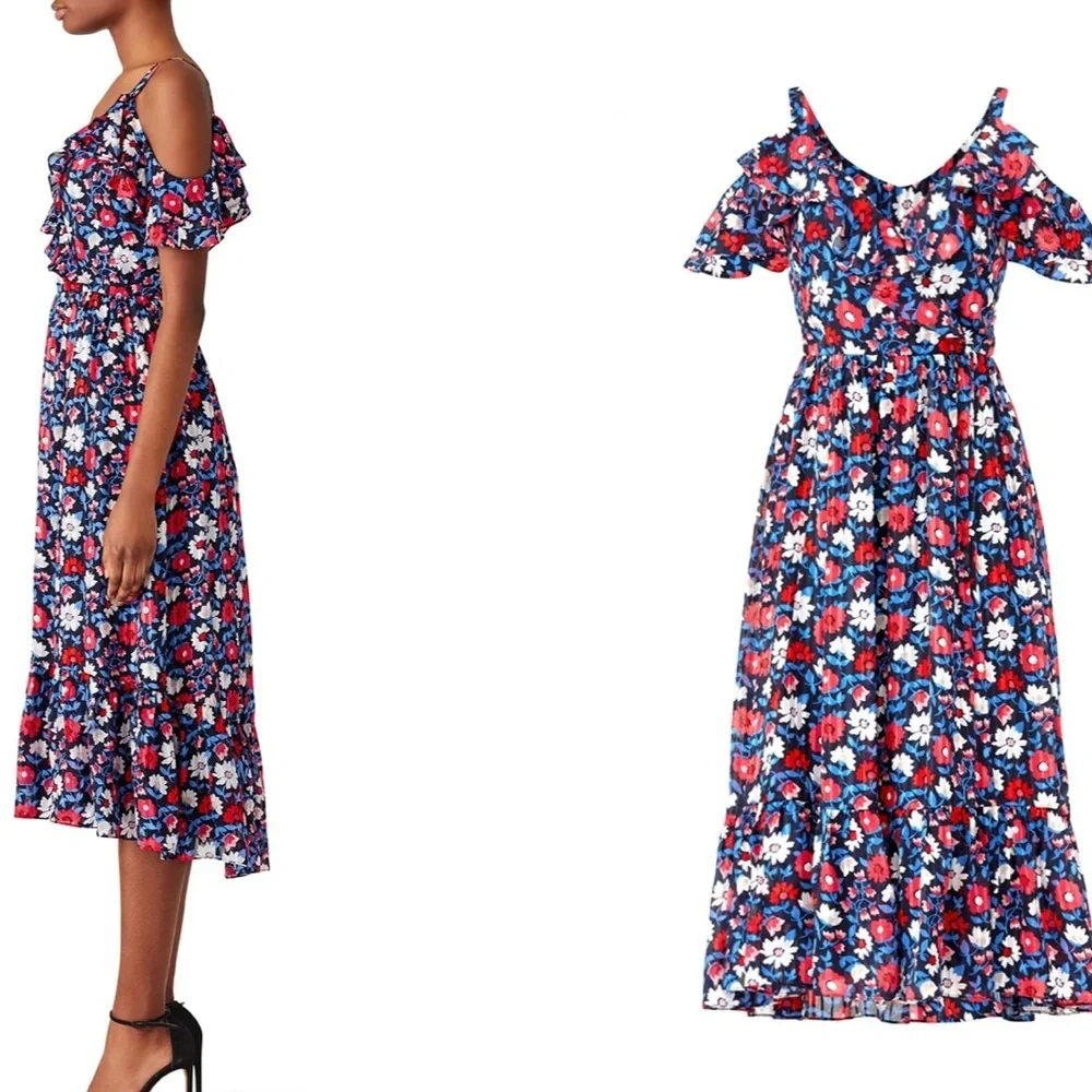 Kate Spade Cold Shoulder Navy Daisy Print Silk Midi Dress NWOT